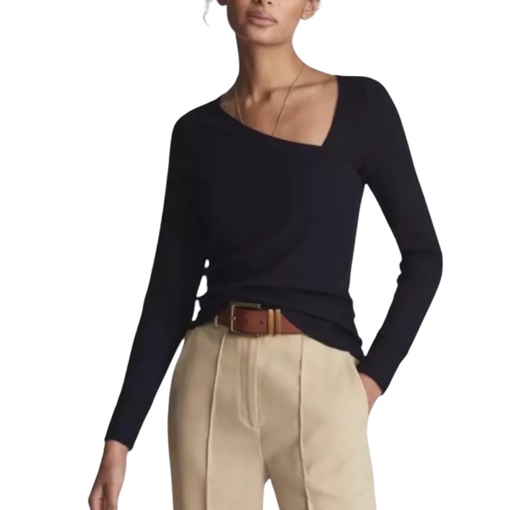 Reiss Carly Black Ribbed Jersey Knit Asymmetrical Neck Long Sleeve T-Shirt - M